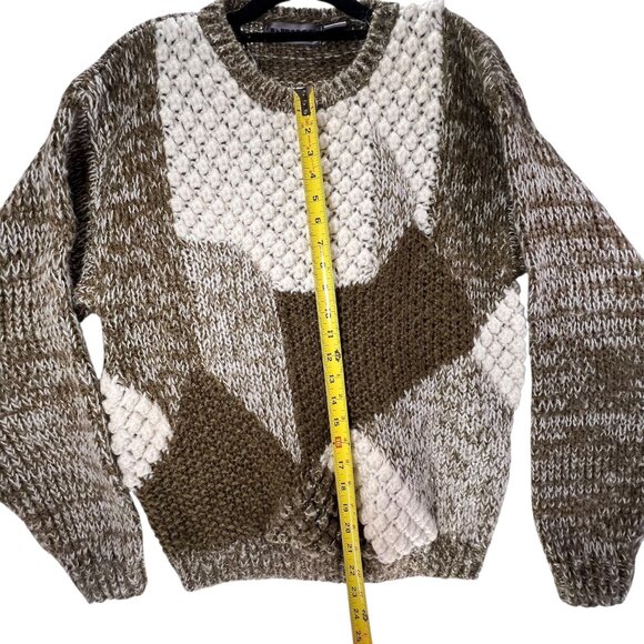 Index 3D Knit Sweater Textured Patchwork Wool Blend Med Green Tan Chunky Nobby - Picture 7 of 8